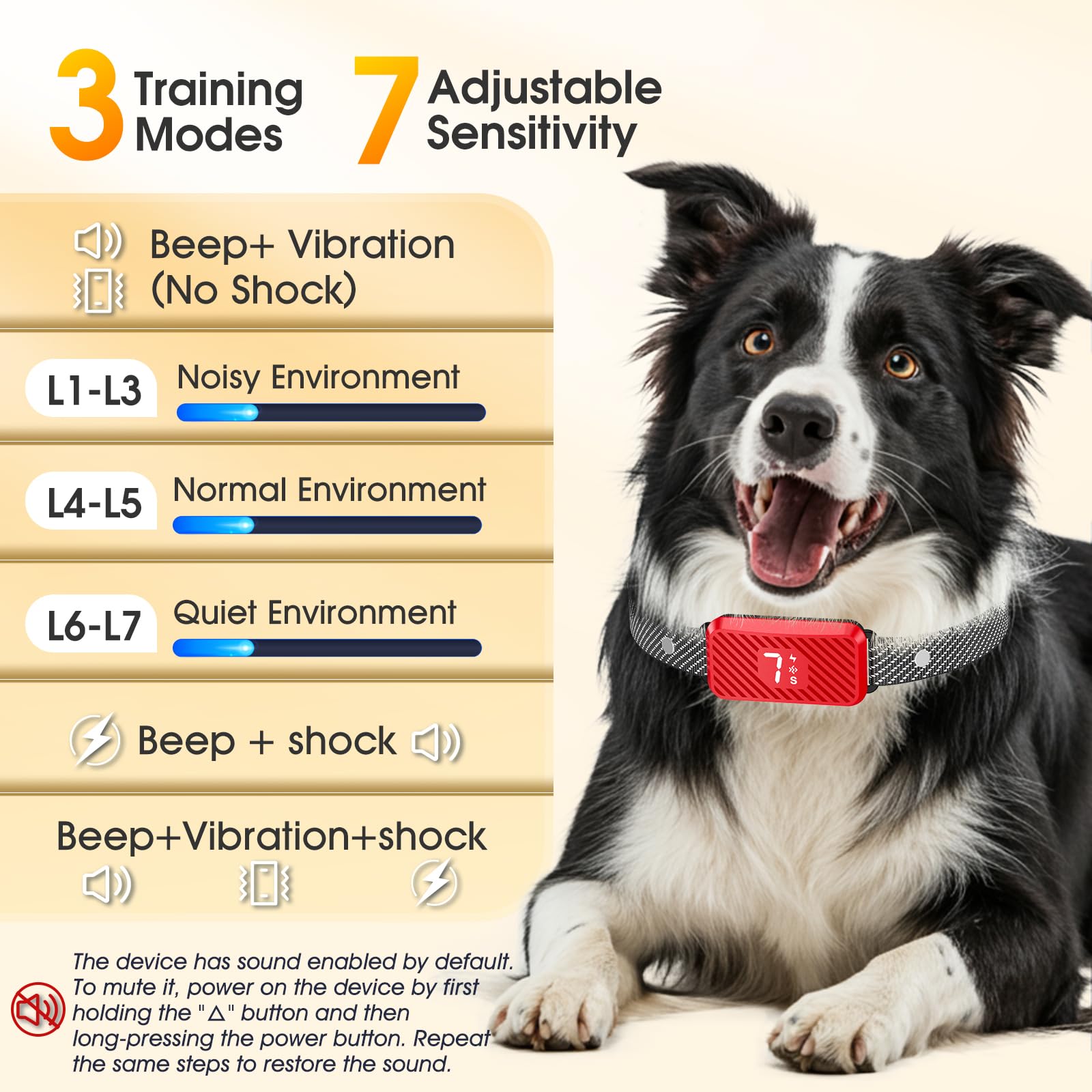 KJKZO bark collar modes panel displays 3 correction modes and 7 sensitivity levels for customizable training.