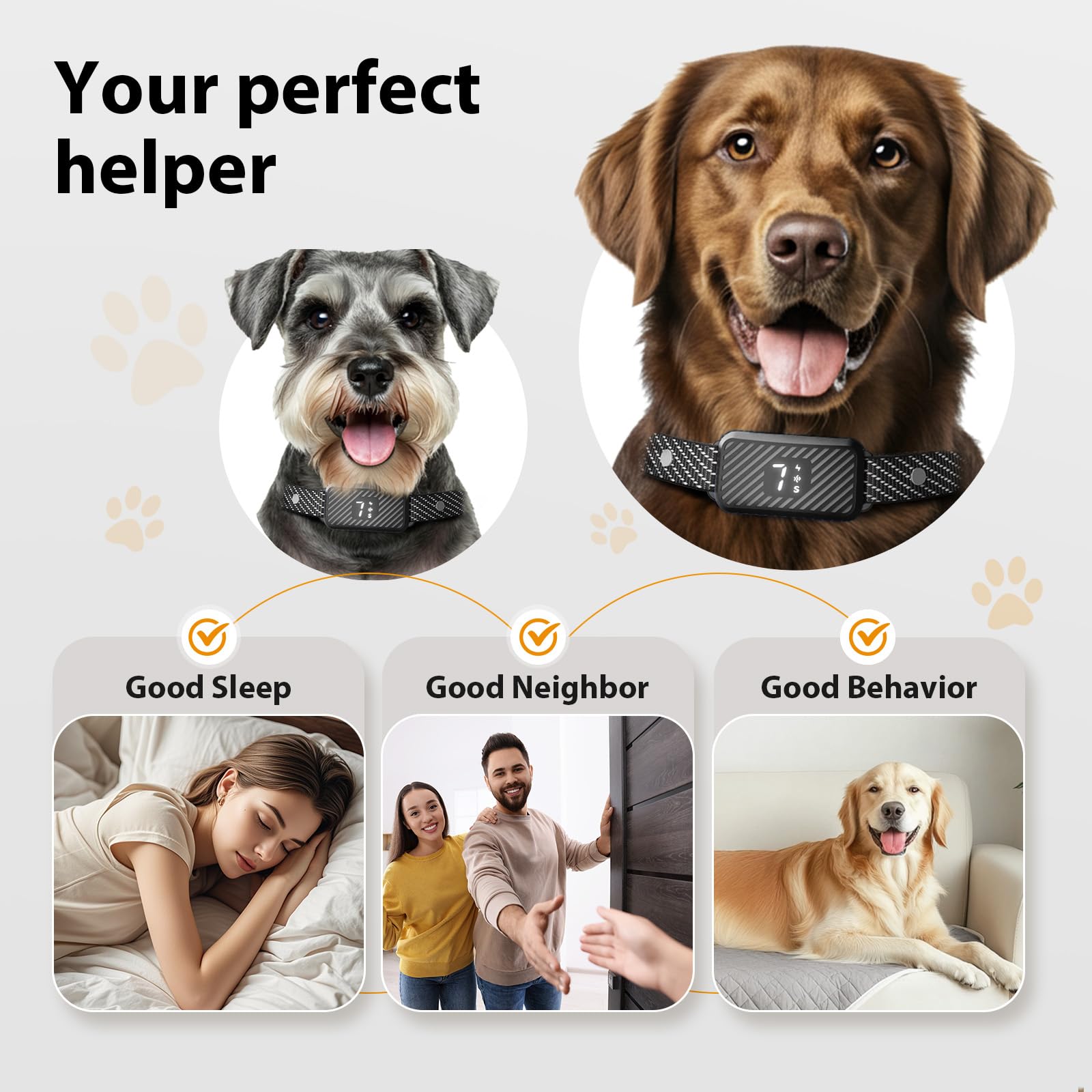 KJKZO bark collar in a multi-dog home shows suitable sizing for many dogs