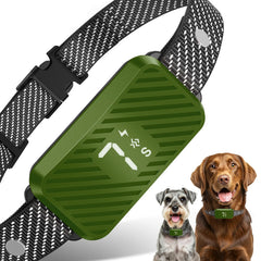 KJKZO dog bark collar on a dog helps reduce nuisance barking at home.