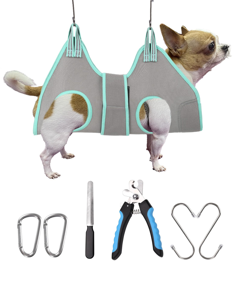 Kkiimatt dog grooming hammock neck-support highlights comfortable hoisting for stress-free nail trimming.