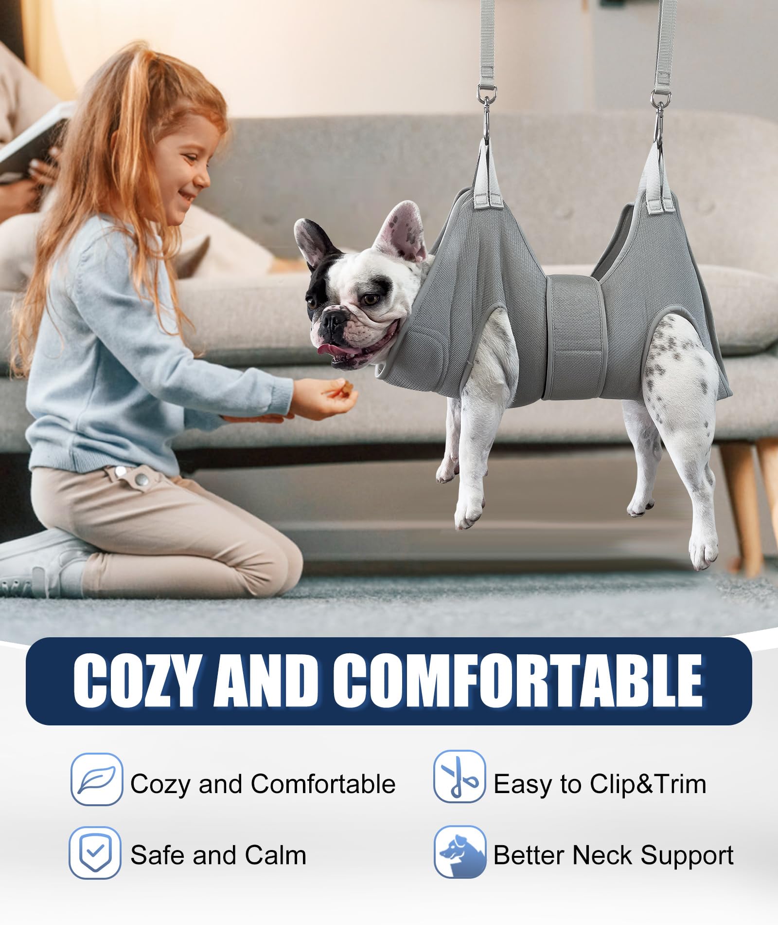 Kkiimatt dog grooming hammock shows upgraded wide-strap design to prevent escapes.