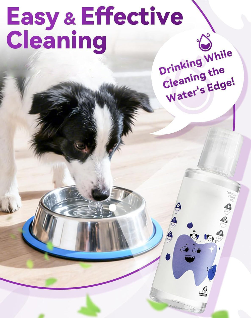 KKINYAS Dental Water Additive keeps dog breath fresh with daily use.