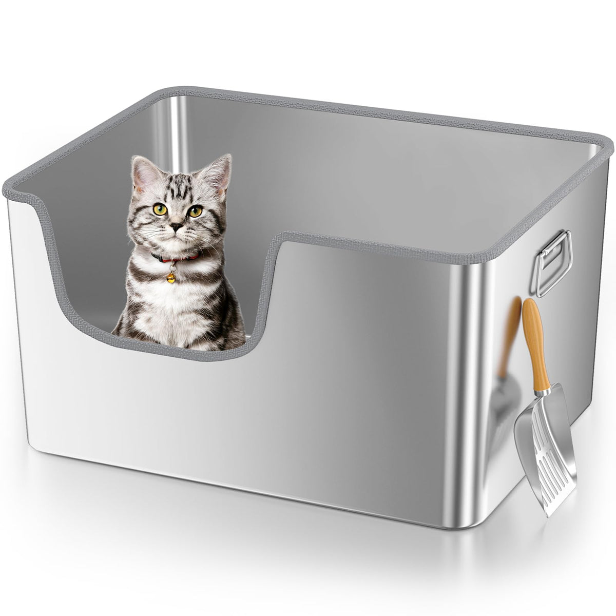 Klarana 40L XXL stainless steel litter box, front-entry view with ample space for big cats