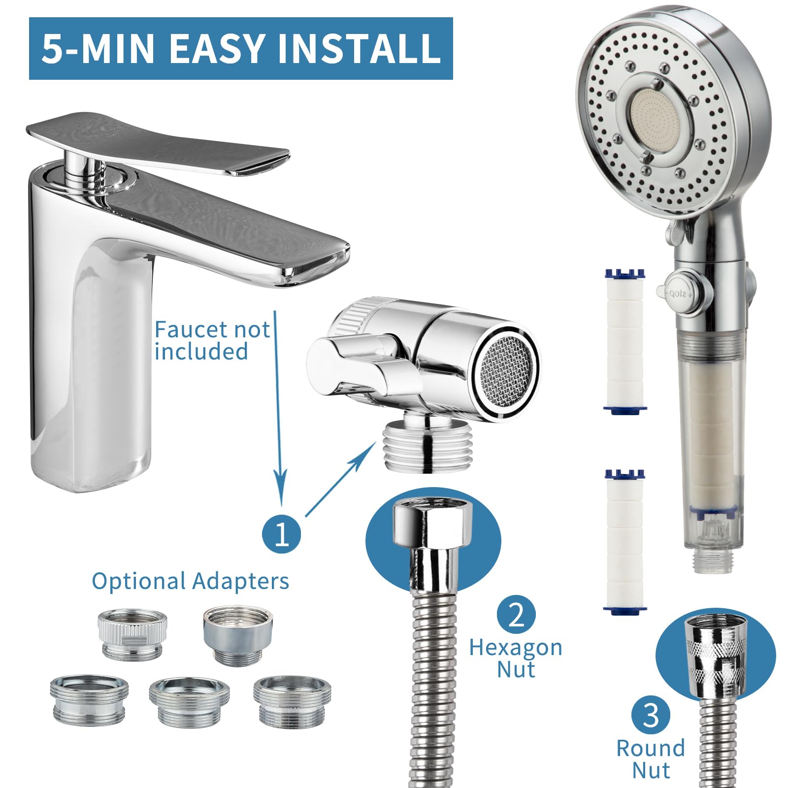 Klleyna brass adapters for installation fit multiple faucet sizes.
