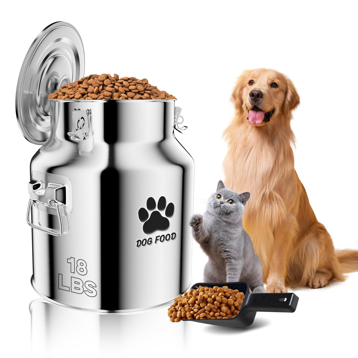 Kluronyo metal dog food storage container with airtight lids keeps kibble fresh.
