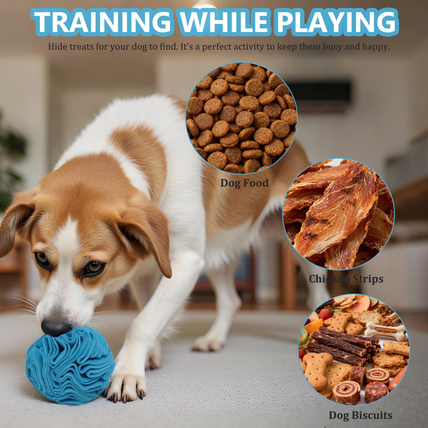 kmirepa Blue Snuffle Ball in action engages dogs with a mental enrichment challenge