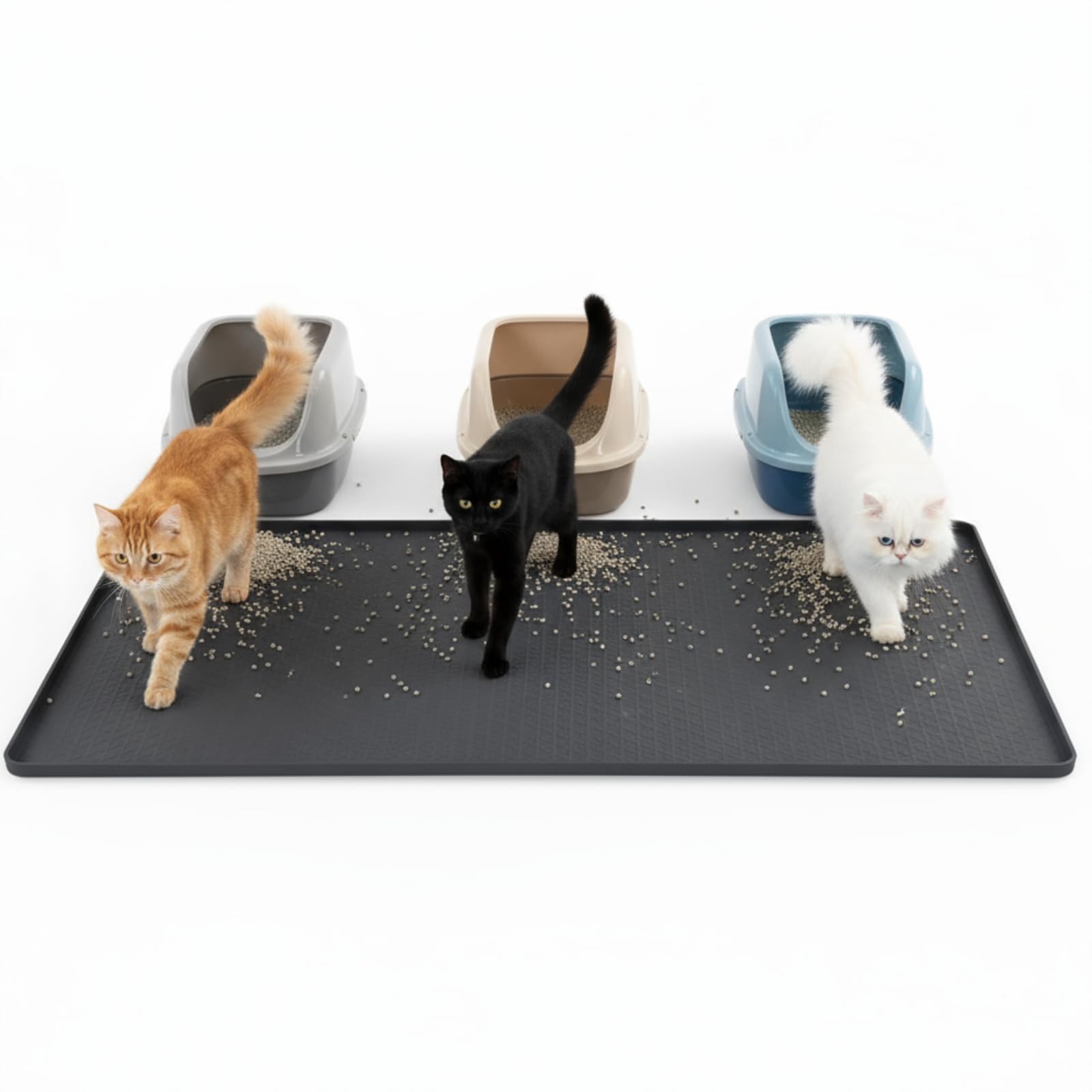 Kmiyivi cat litter tray protector guards floors around multiple boxes.