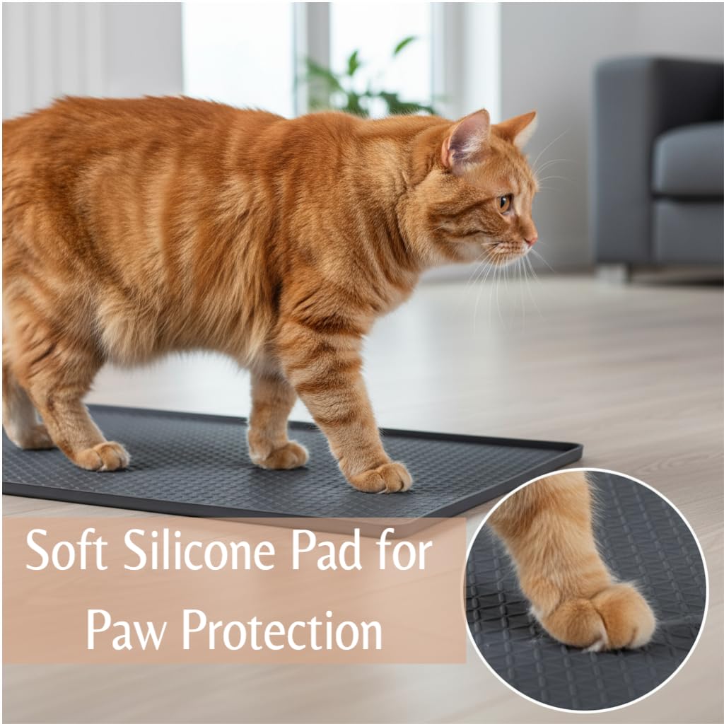 Kmiyivi multi-use pet food mat catches spills under bowls.