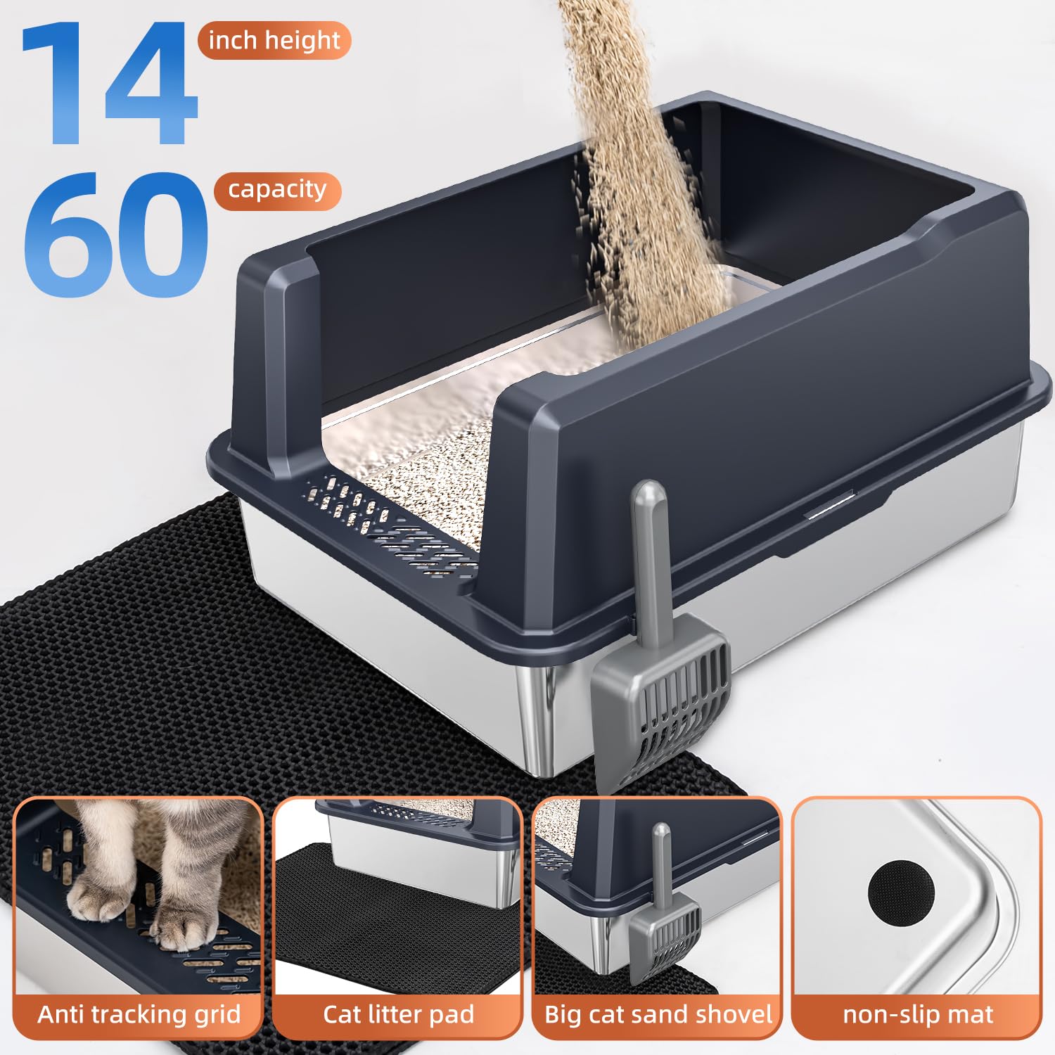KMNSUN XXXL litter box in kitchen or utility area shows durable stainless steel.
