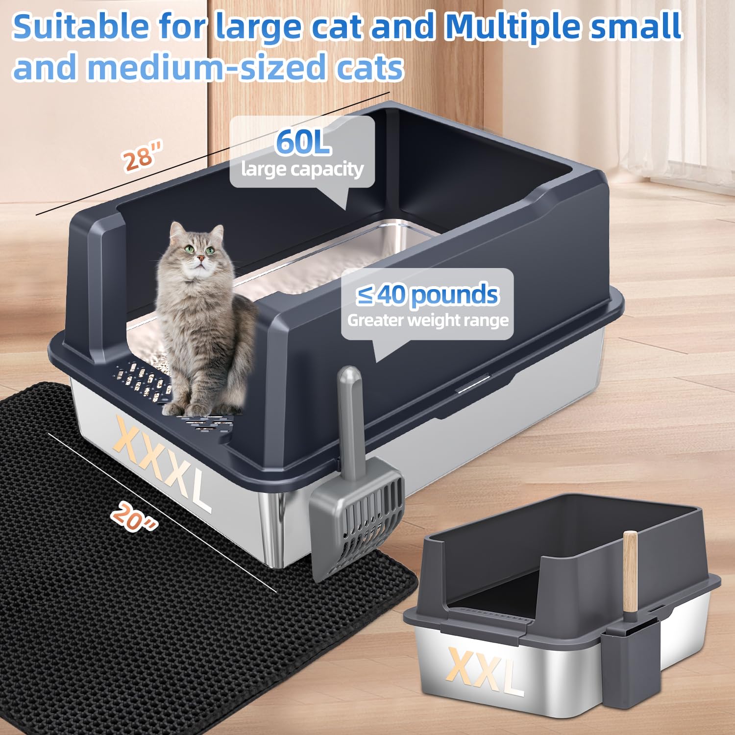 KMNSUN XXXL litter box in use with a large cat illustrates comfortable turn-around.
