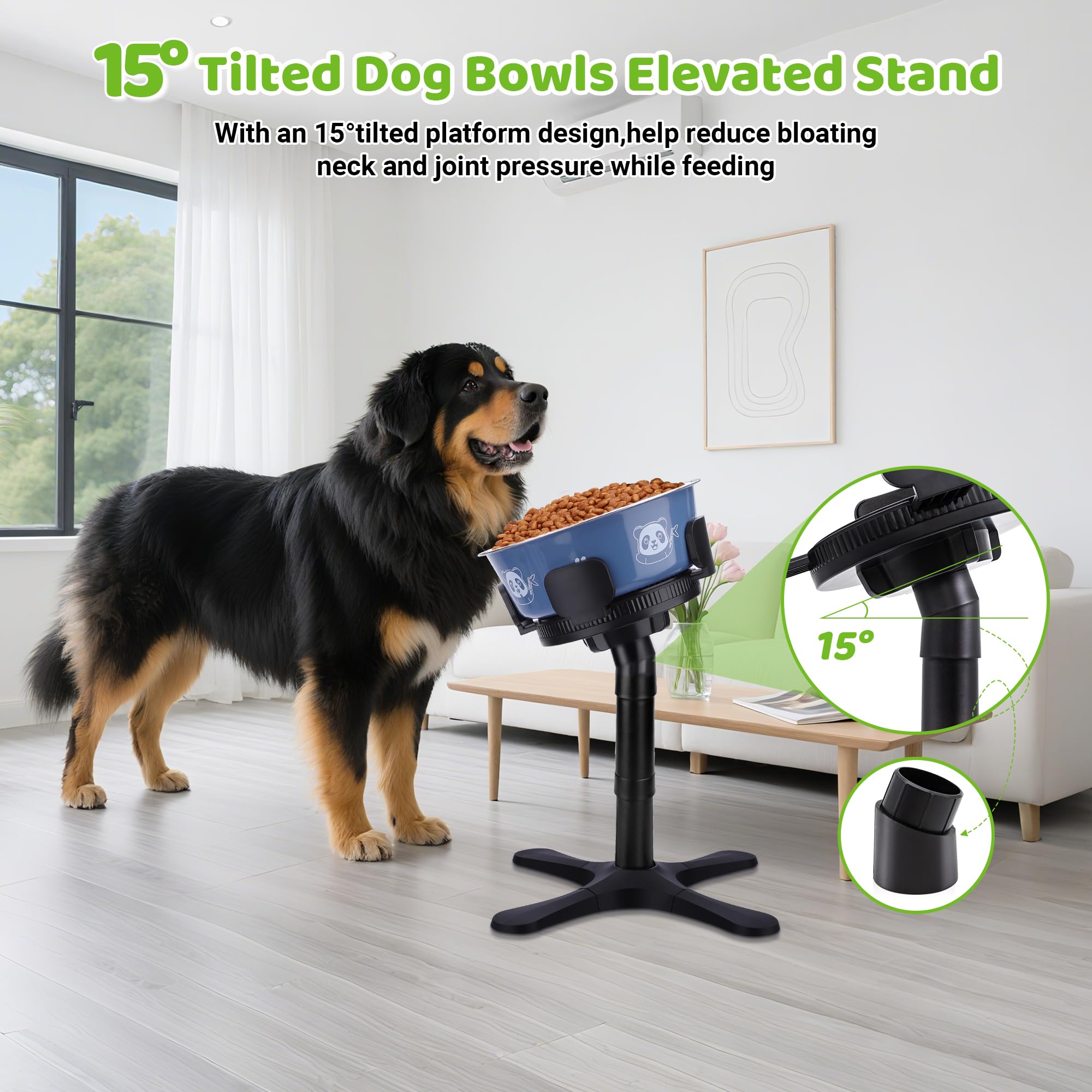 KMXASP adjustable-width dog bowl stand fits bowls of various shapes and sizes.