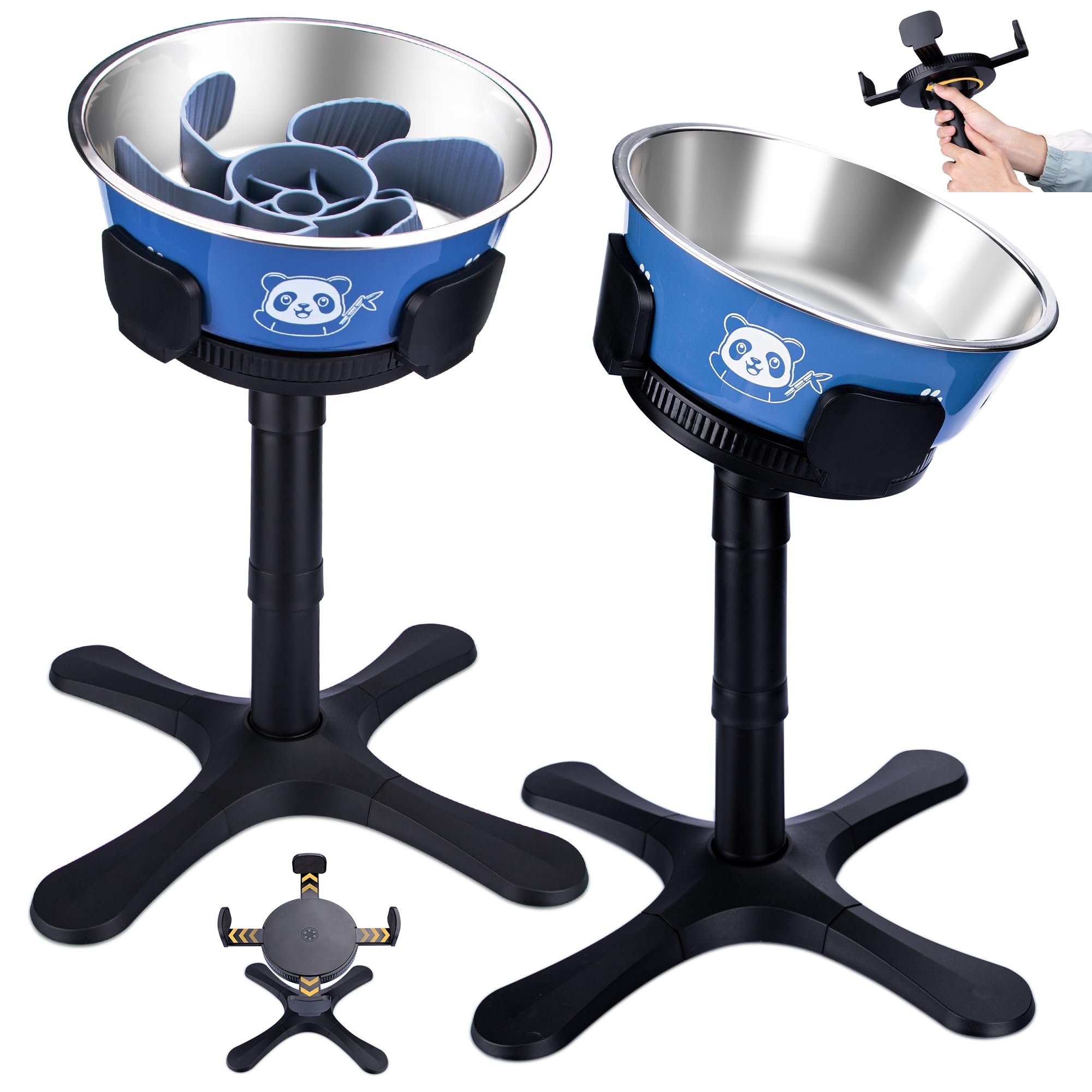 KMXASP elevated slow feeder stand shown with tilted view for comfortable meals