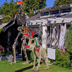 Knitgrip 7ft skeleton dog outdoor display proves highly visible from the street.
