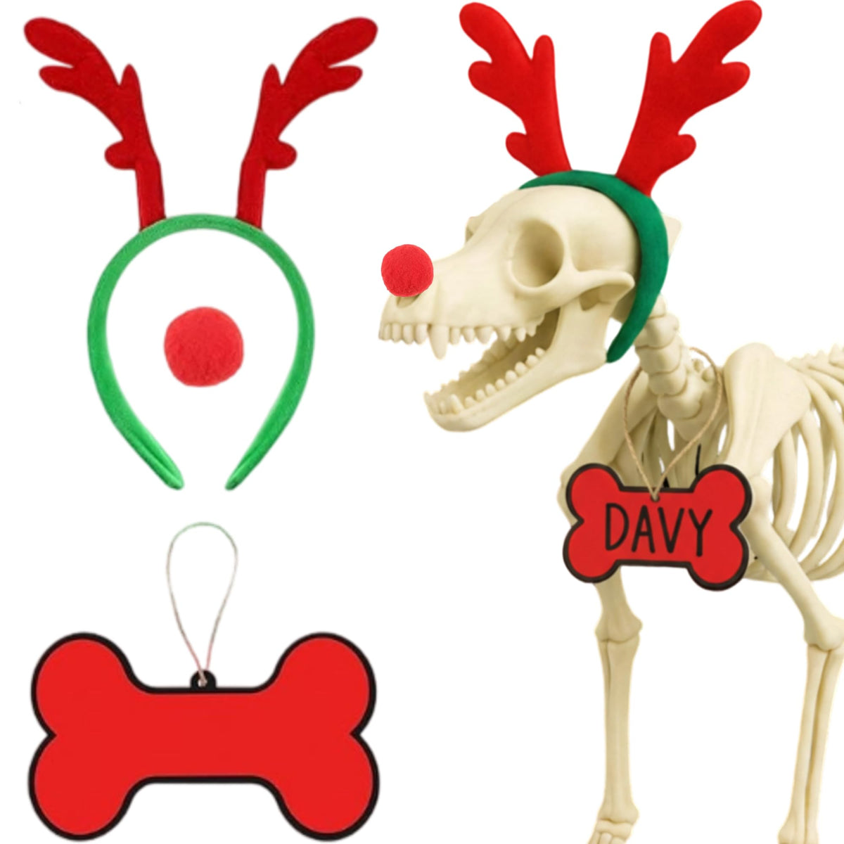 Knitgrip skeleton dog horns headband adds festive height for outdoor displays.