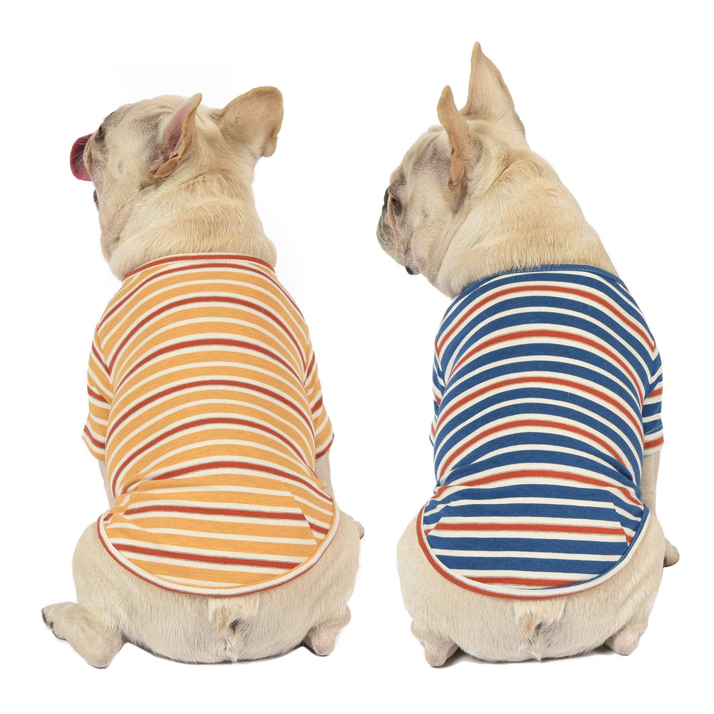 Knuffelen dog shirt striped blue yellow back view highlights breathable fabric