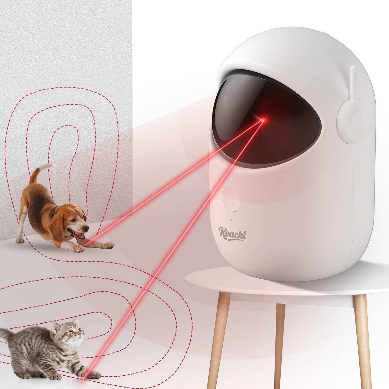 Koackl cat toy laser-pointer front view engages indoor cats with energetic play.