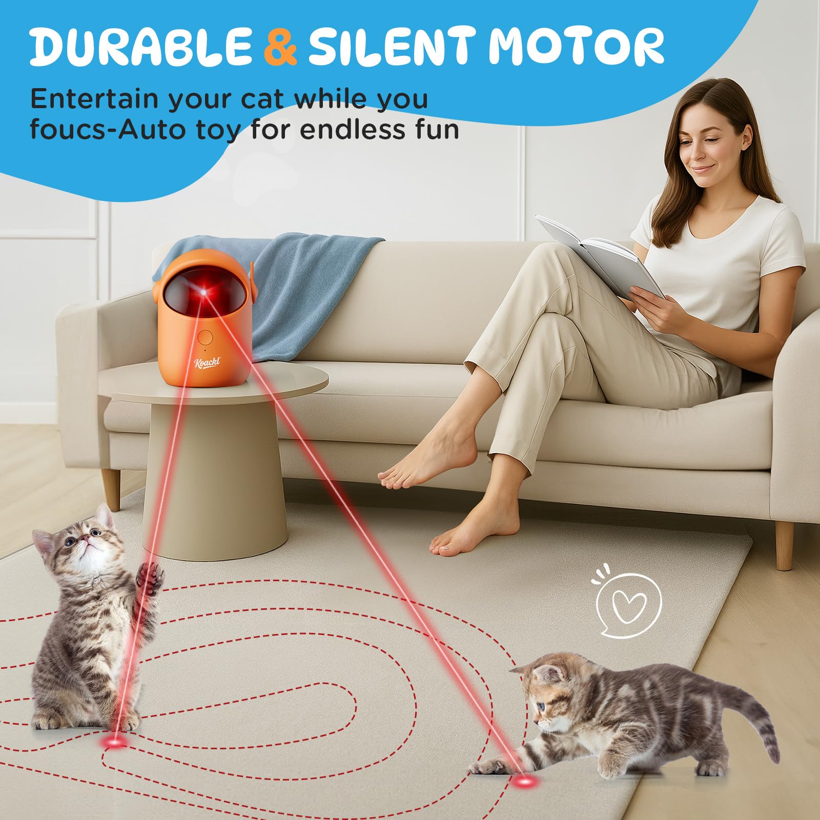 Koackl cat toy with ultra-quiet motor powering quiet play sessions