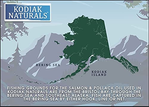 Kodiak Naturals label close-up reveals balanced EPA and DHA for coat health.