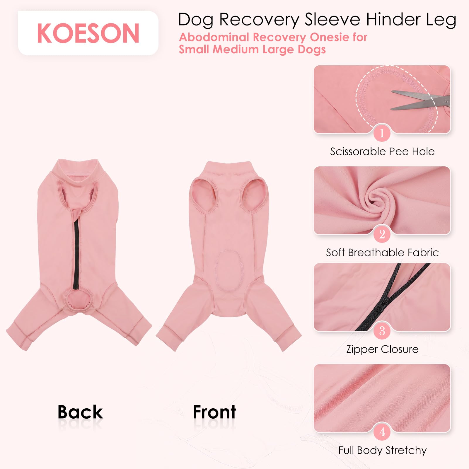 KOESON dog recovery suit spay-neuter highlights convenient design for flexible recovery.