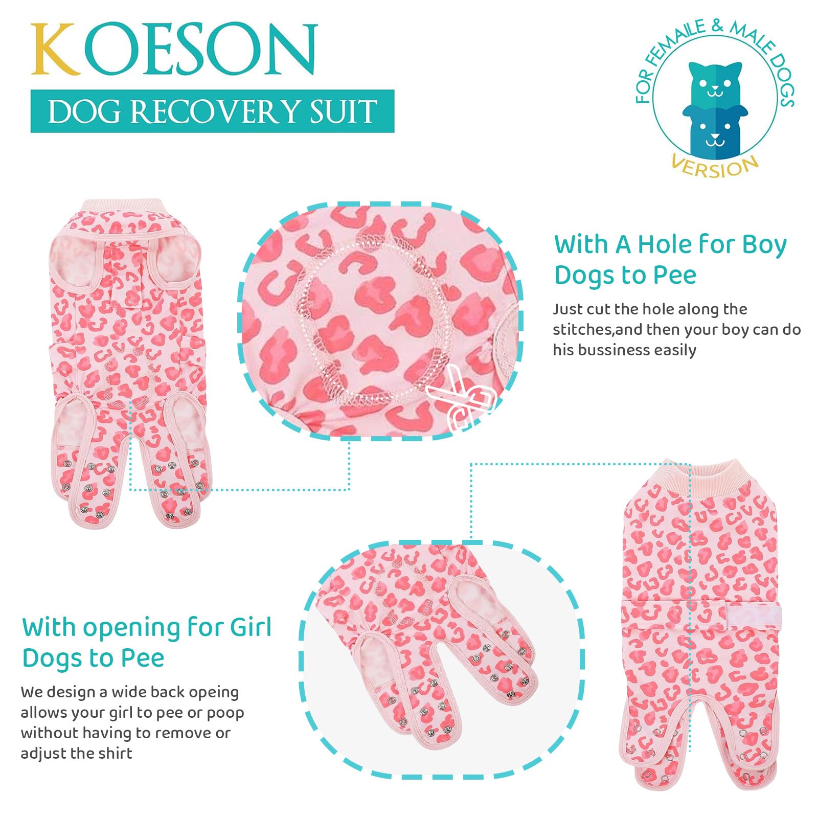 KOESON recovery-suit-dog-snaps-fastener allows easy on/off for stress-free care.
