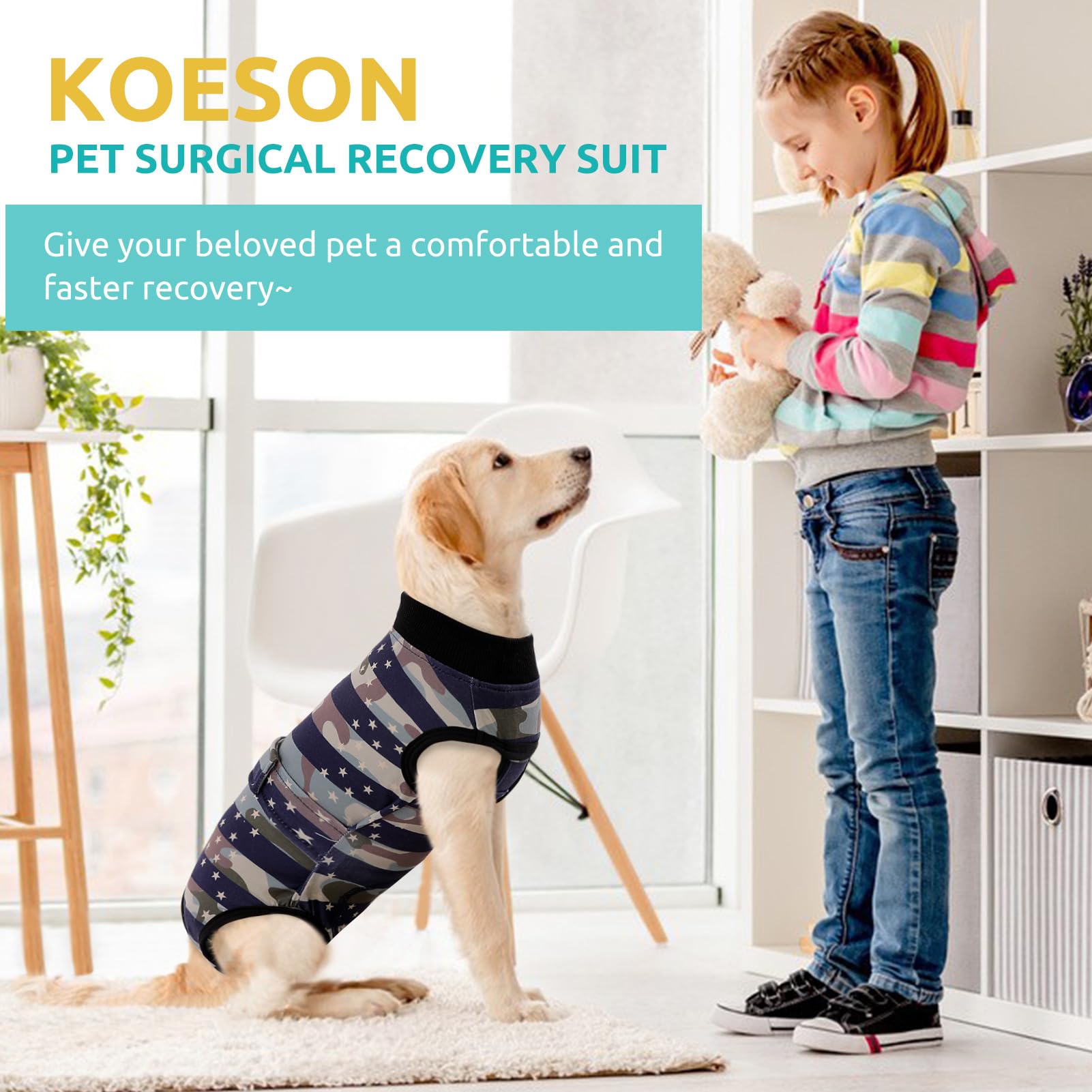 KOESON Recovery Suit worn on dog reduces licking risk.