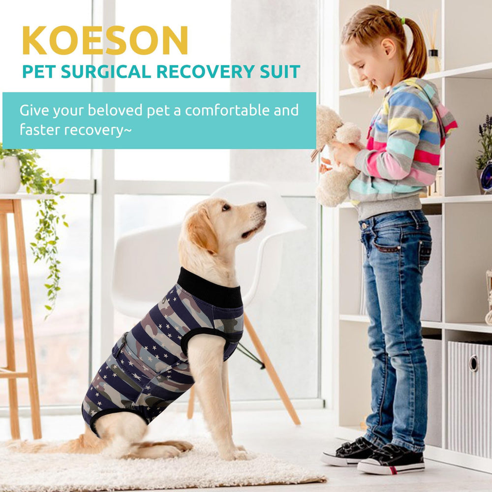 KOESON Recovery Suit worn on dog reduces licking risk.