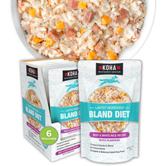 KOHA Bland Diet packaging highlights a vet-approved, gentle option for sensitive stomachs.