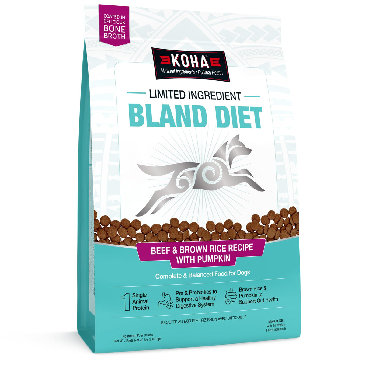 KOHA bland-diet-dry-food-beef-brown-rice-bowl shows an easy-to-digest complete meal.