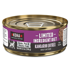 KOHA Kangaroo Paté can label highlights grain-free single protein for sensitive stomachs.