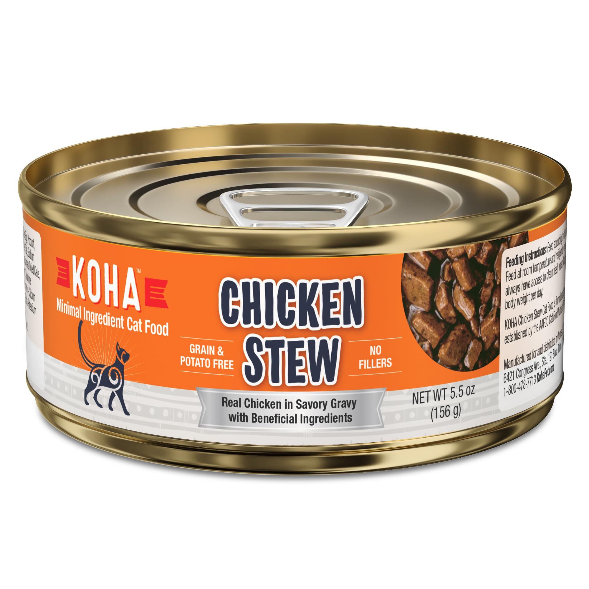 KOHA minimal ingredient chicken stew cans — high-protein serving for cats.