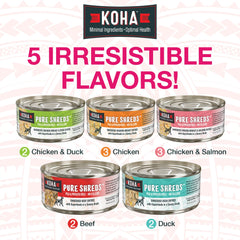 KOHA Pure Shreds beef cans close-up highlights shredded texture for repeated feeding.
