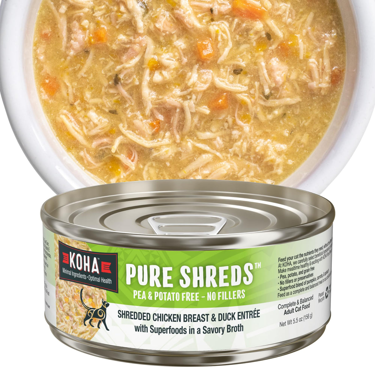 KOHA Pure Shreds chicken and duck entrée cat bowl with shredded texture ideal for picky eaters