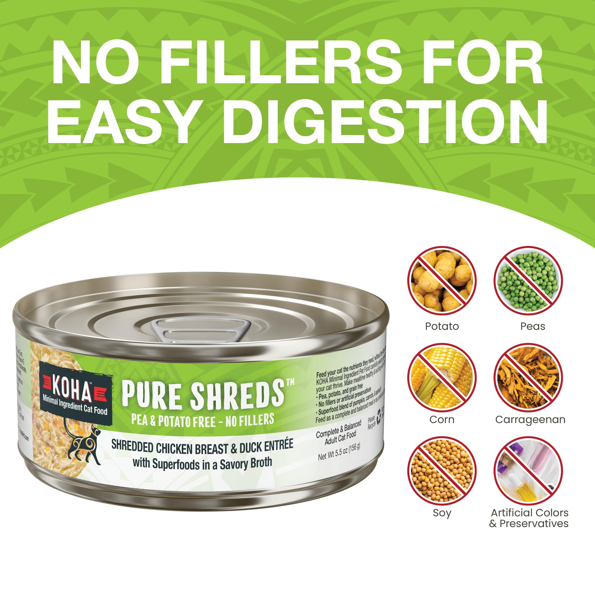 KOHA Pure Shreds savory broth image emphasizes low-fat, meat-forward nutrition