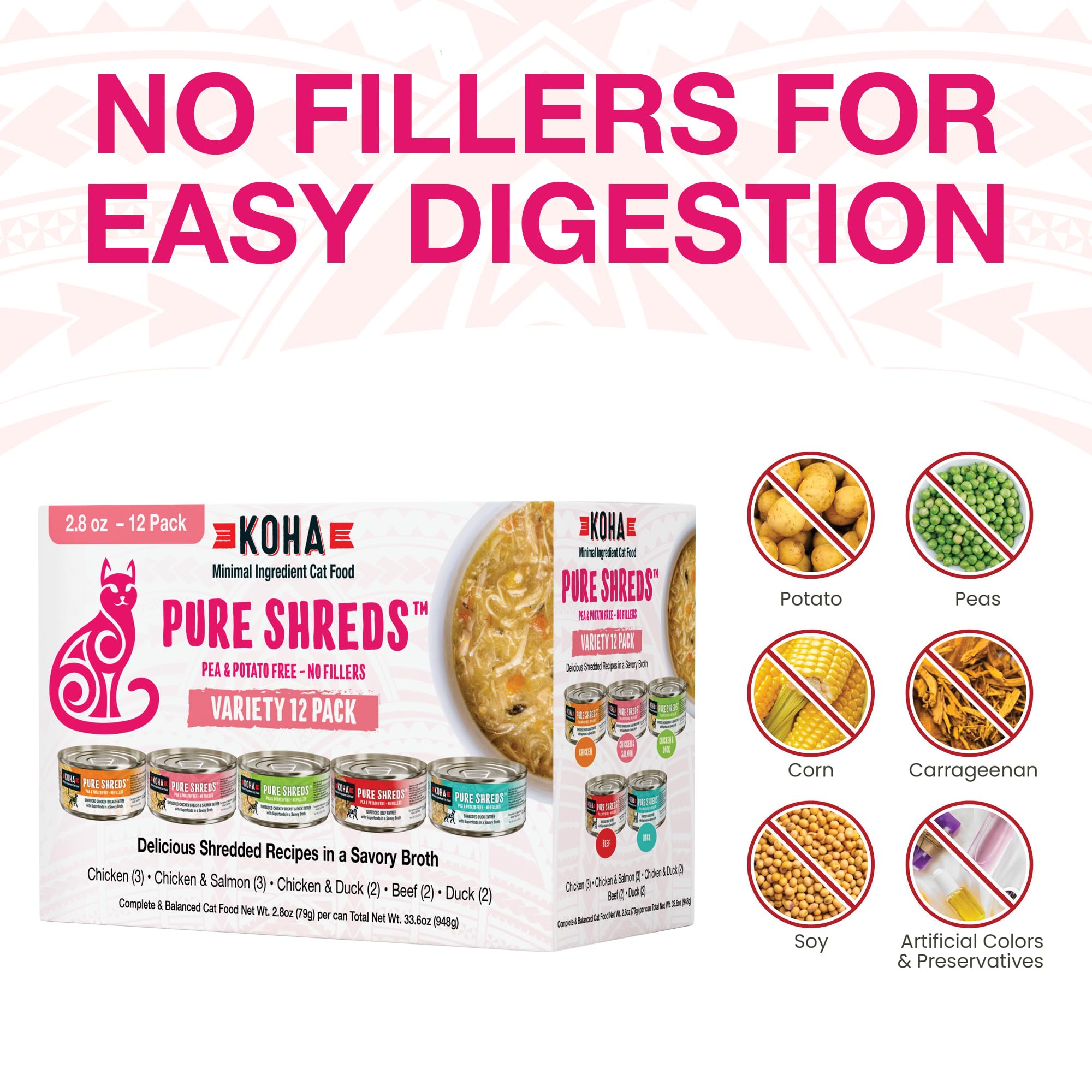 KOHA Pure Shreds chicken-salmon cans combining protein with omega-rich flavor for cats