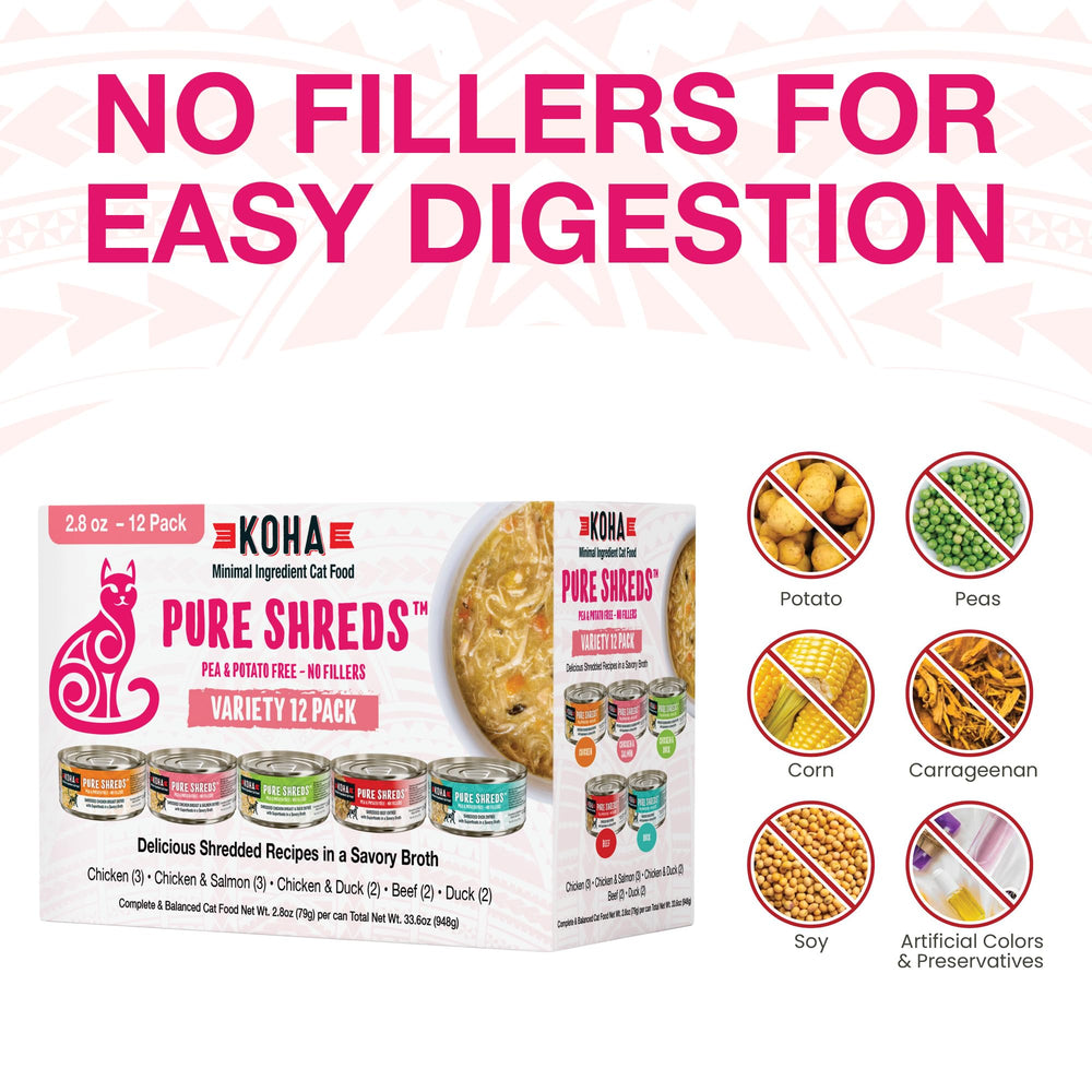 KOHA Pure Shreds chicken-salmon cans combining protein with omega-rich flavor for cats