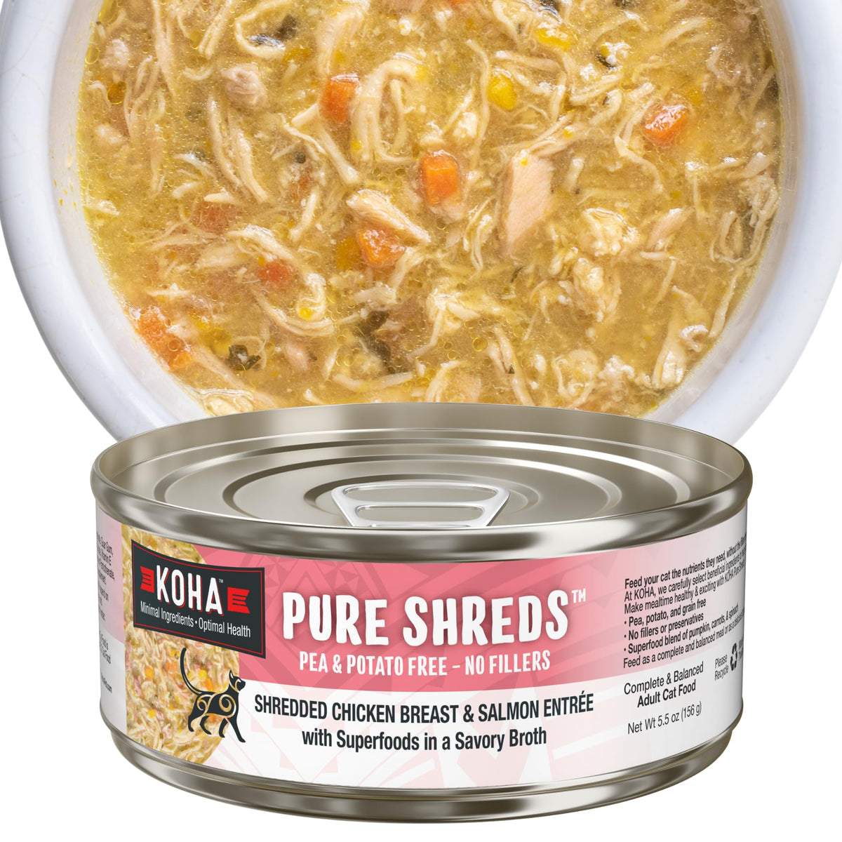 KOHA Pure Shreds Chicken and Salmon Entrée in savory broth; appealing shredded texture for picky eaters.