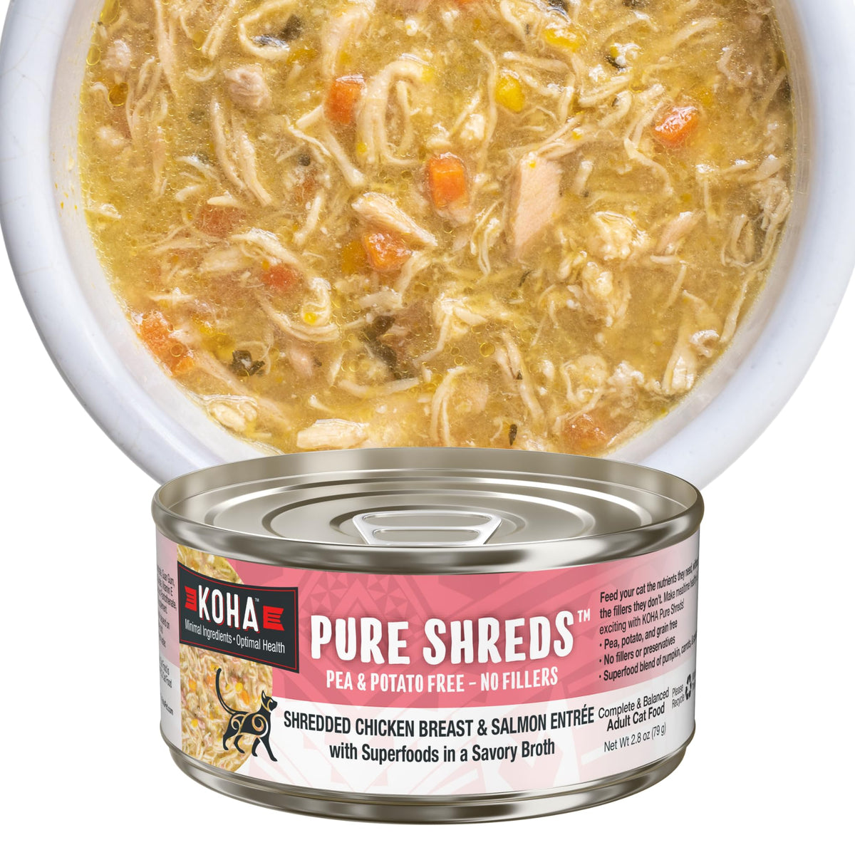 KOHA Pure Shreds chicken-salmon-entree cans in a 24-pack, an easy feeding option.