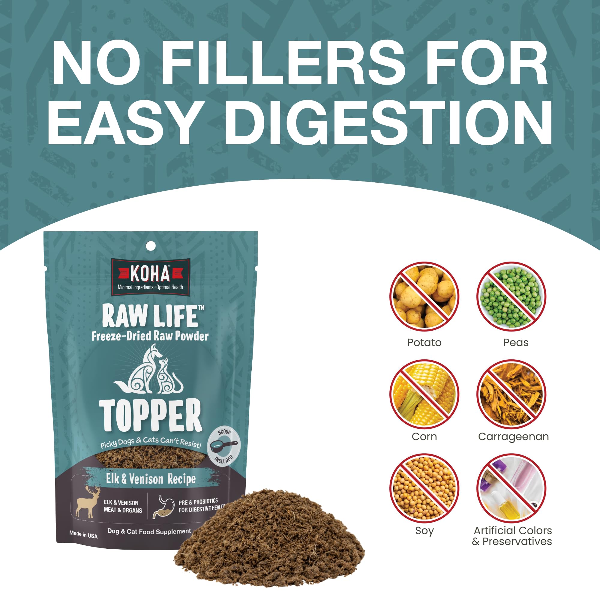 KOHA Raw Life Elk & Venison packaging highlights USA-sourced ingredients and antibiotic-free feeding