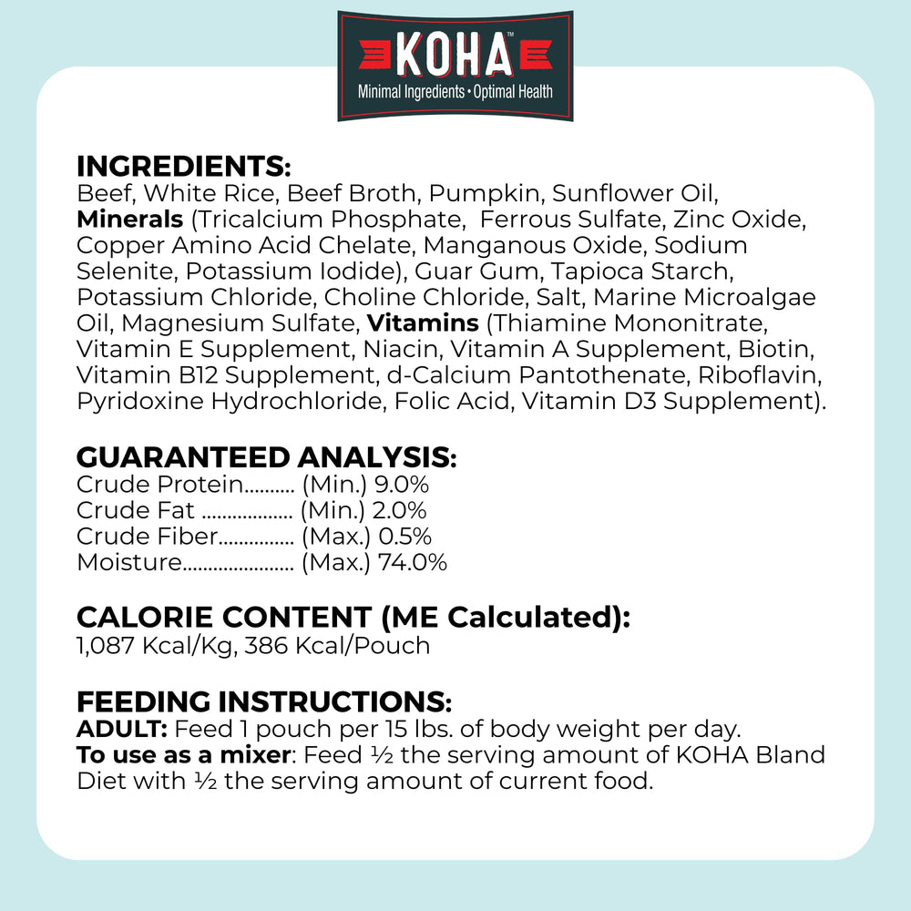 KOHA Bland Diet vet clinics distribution image signals availability in clinics and pet stores.
