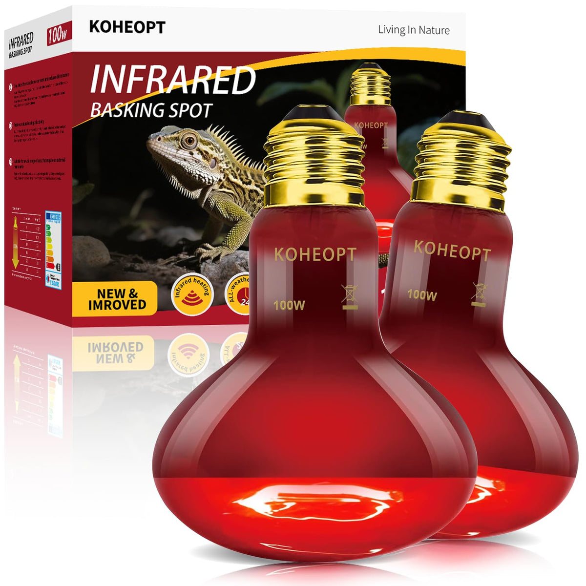 KOHEOPT 100W infrared heat lamp closeup, steady warmth for reptiles.