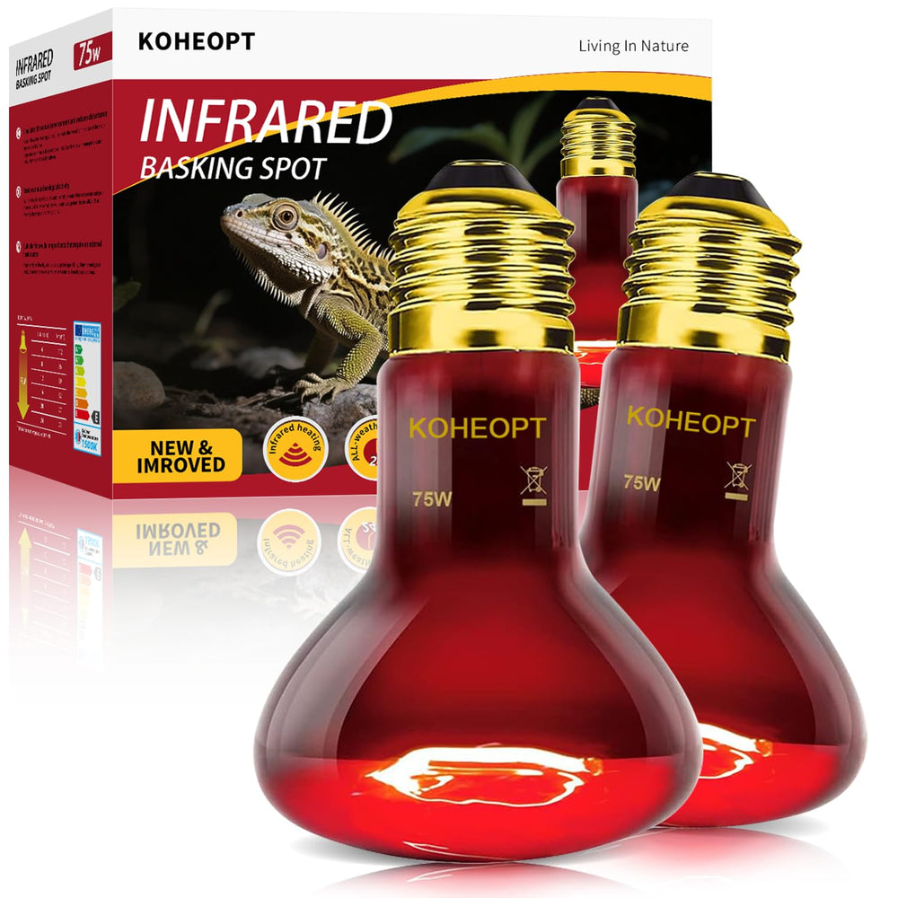 KOHEOPT bombilla infrarroja 75W para terrario, calor estable y sin luz visible.