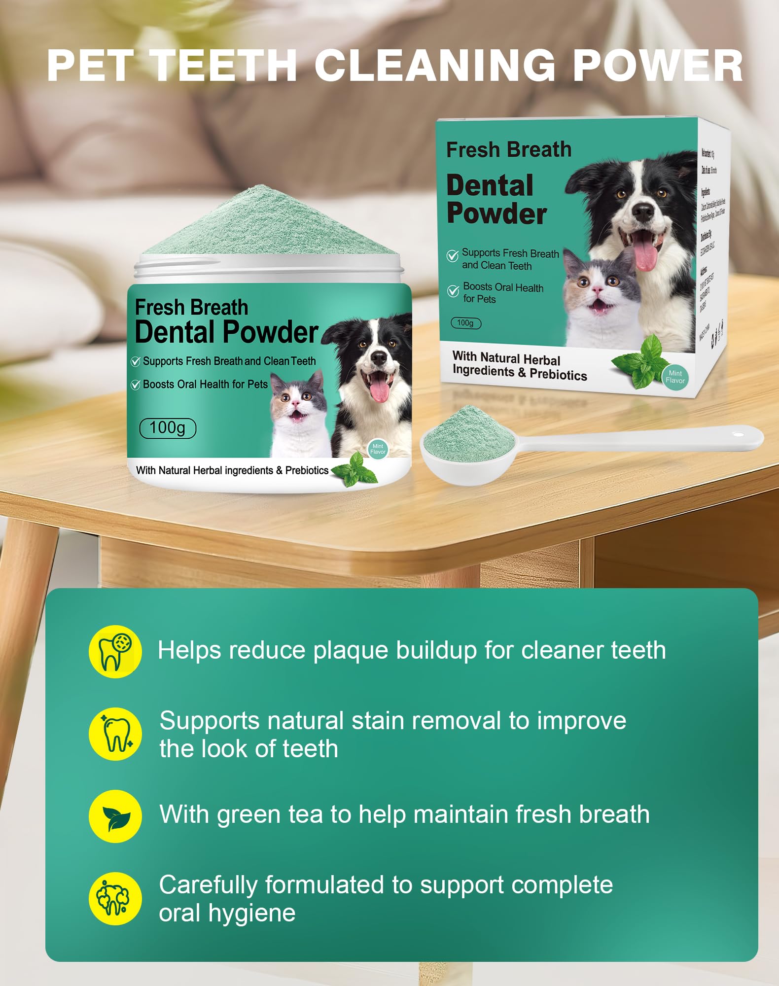 Koite dog teeth powder on food visually demonstrates simple, stress-free oral care
