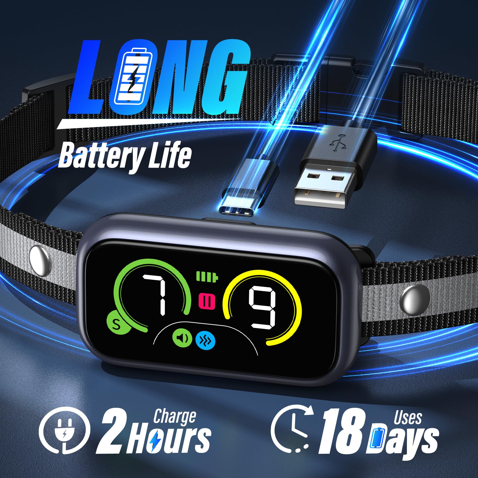 Kollgux dog bark collar charging via USB Type-C for fast recharge.
