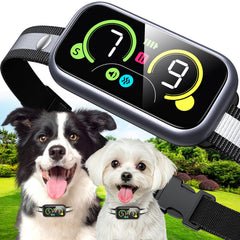 Kollgux dog bark collar front view highlighting 4 training modes for effective barking control.