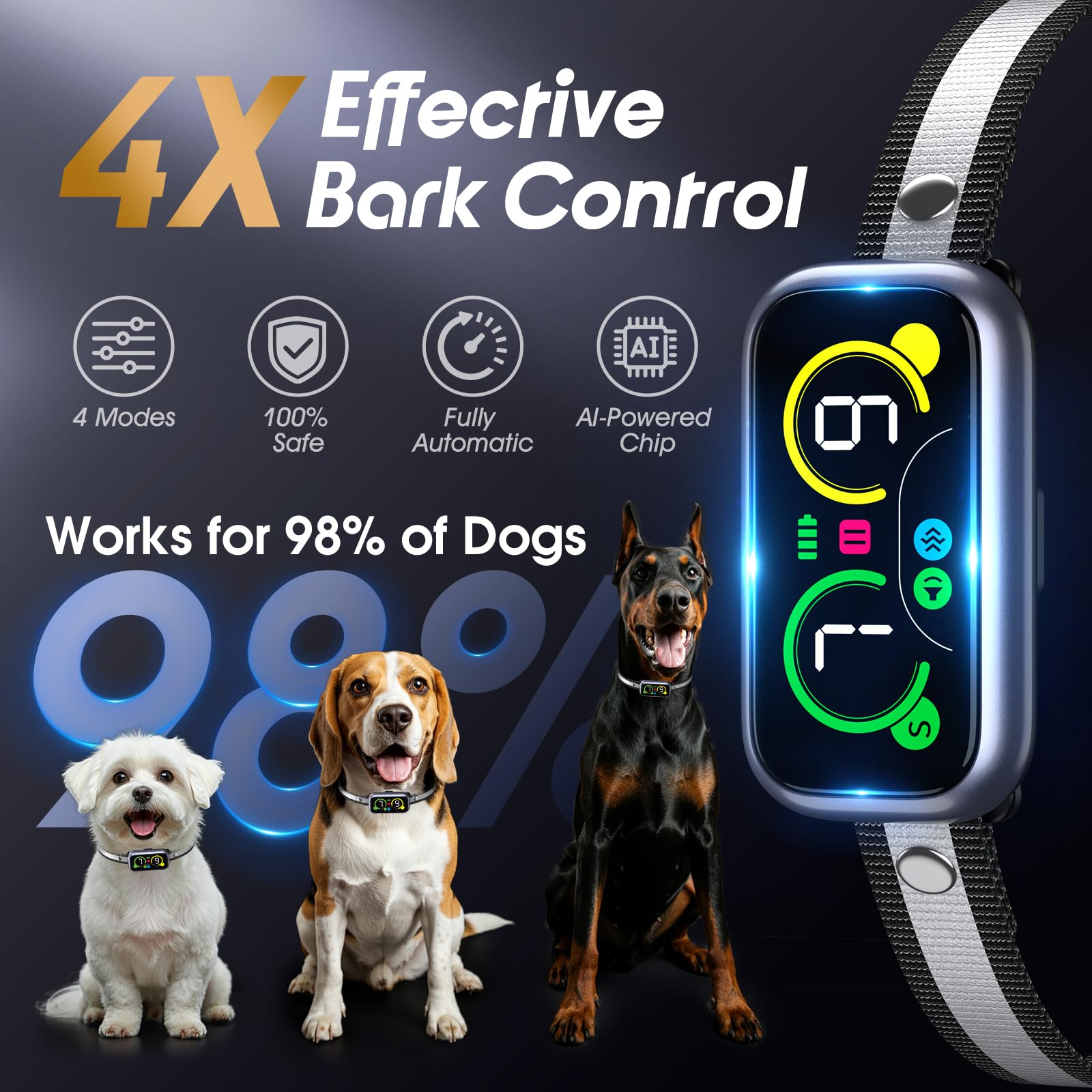 Kollgux Dog Bark Collar Pro sensors closeup shows AI bark recognition precision