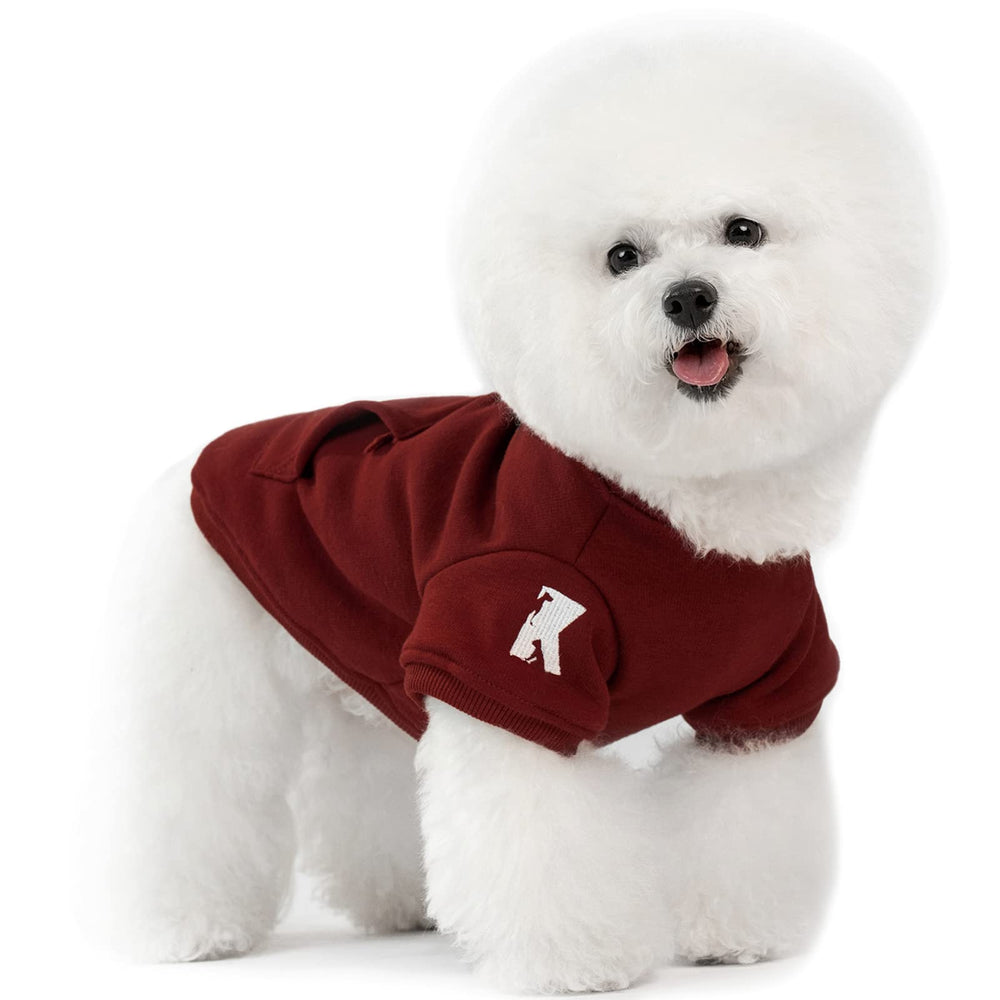 Koneseve hoodie red on dog in winter, protective warmth outdoors.