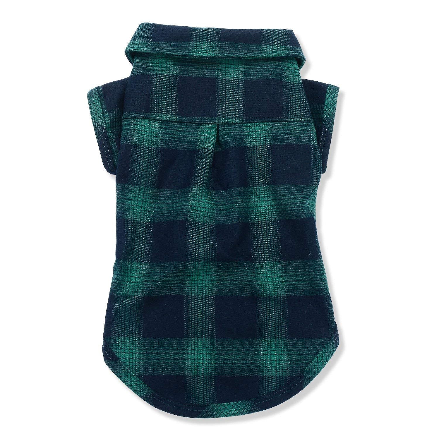 Koneseve dog shirt plaid green back view highlights snug fit for adventures