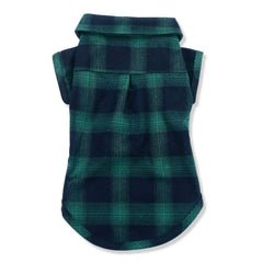 Koneseve dog shirt plaid green back view highlights snug fit for adventures