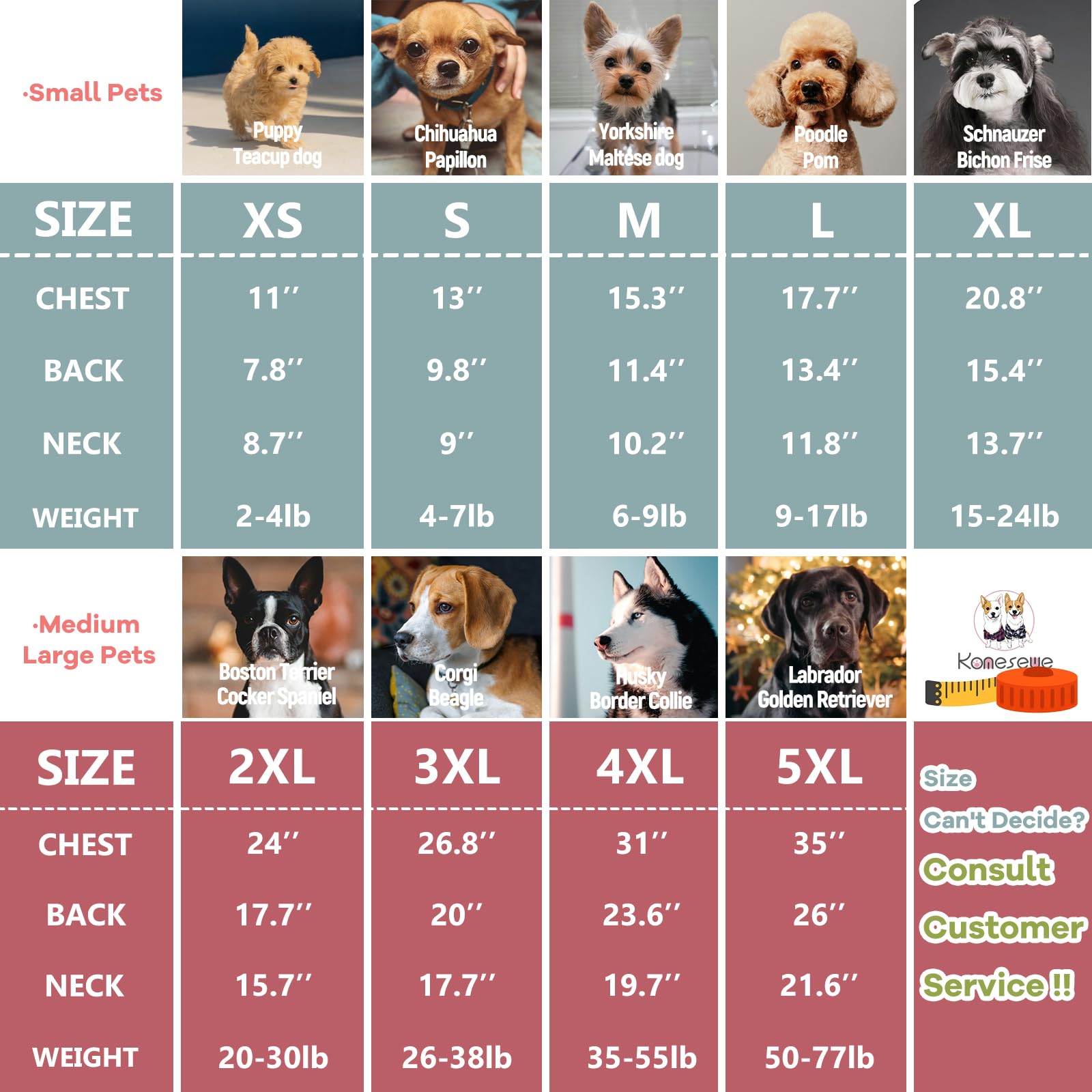 Koneseve size chart XS-5XL helps match back, chest, and neck.