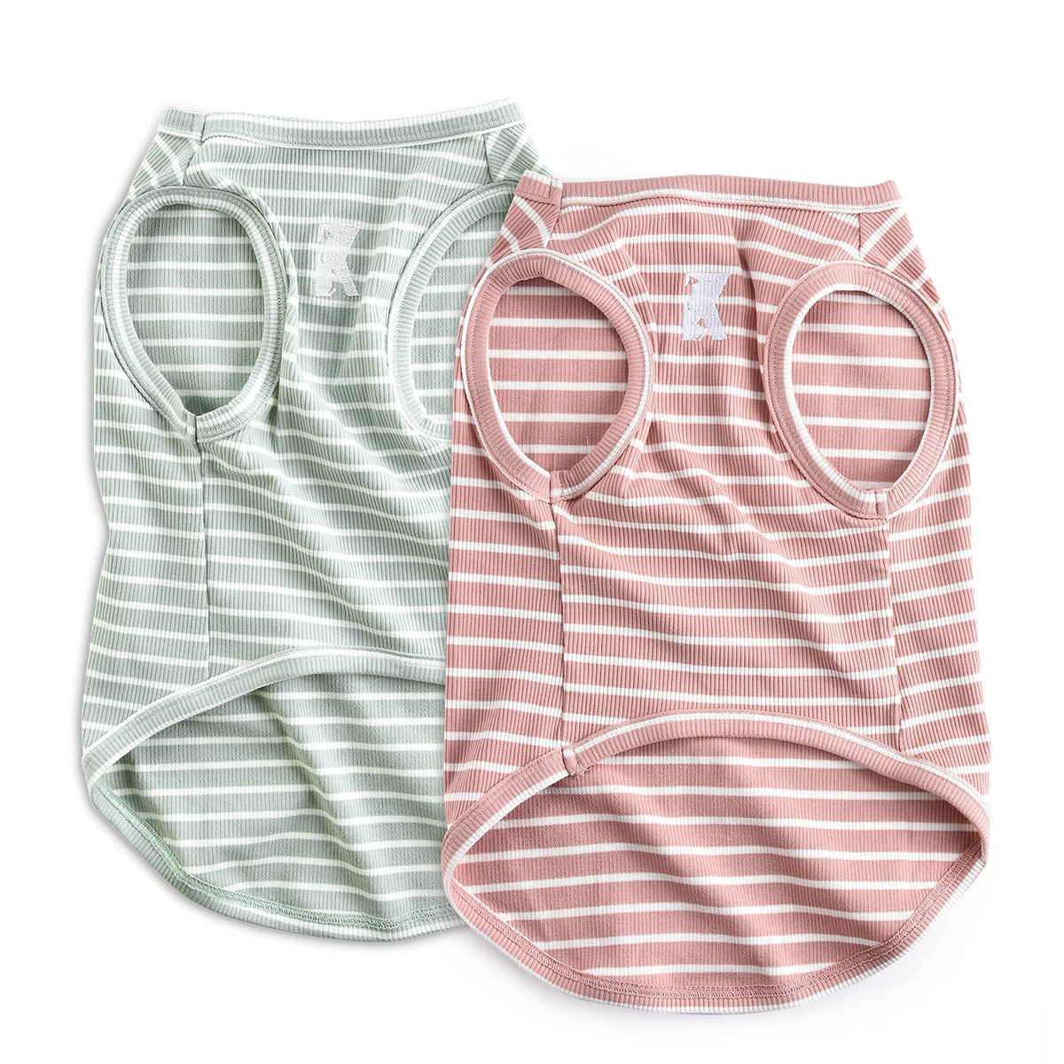 Koneseve dog shirt vest pink stripe front view shows lightweight breathable fabric.